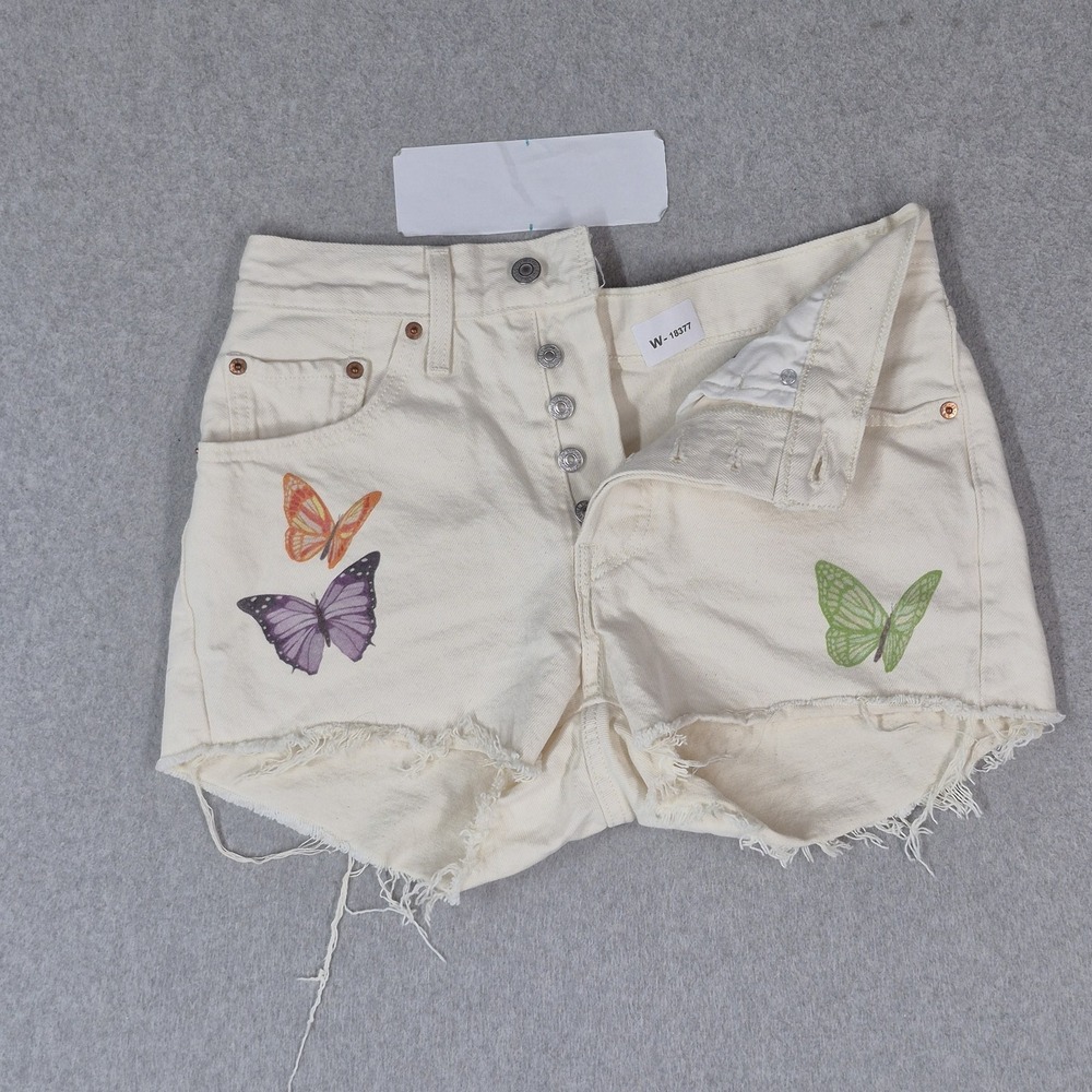 Levi's 501 Women Shorts W26 Cream Denim Give Me Butterflies Cutoff Frayed